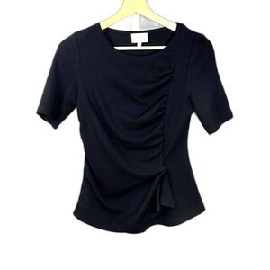 Anthropologie Deletta Black Gathered Short Sleeve Blouse Sz XS EUC